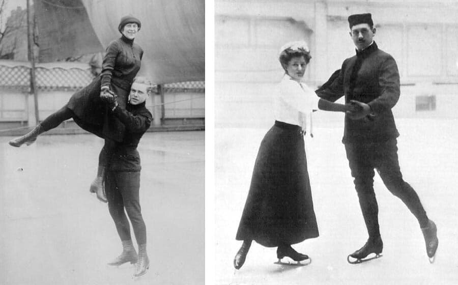Слева: немецкие фигуристы, 1928 г., справа: Анна Хюблер и Генрих Бургер, первые олимпийские чемпионы в парном катании, 1908 г. Фото: Bundesarchiv, Public Domain