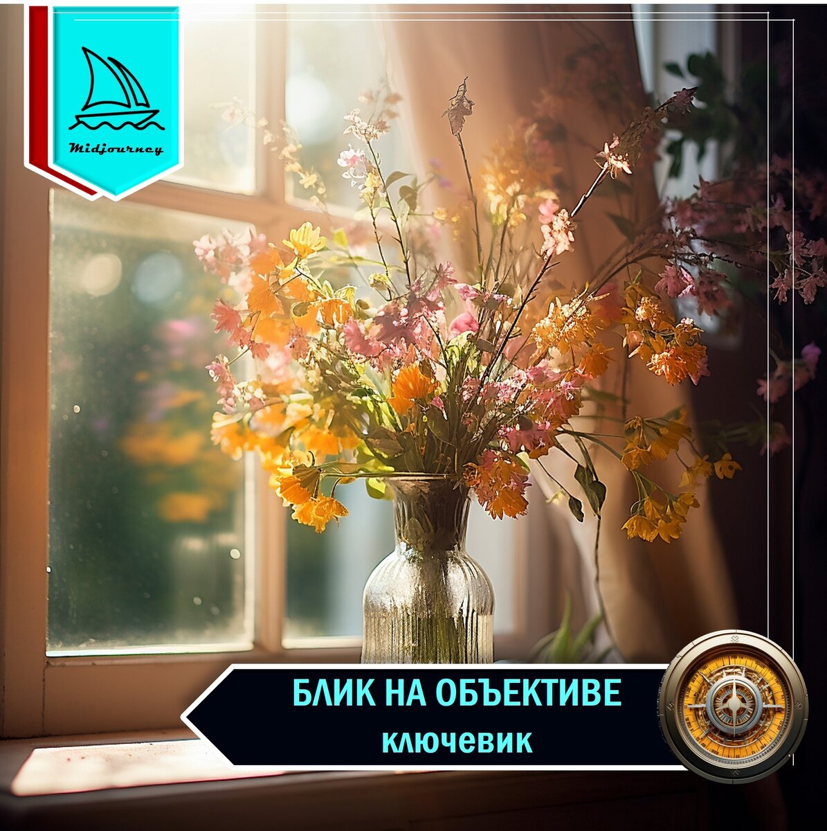 A vase of wildflowers stands on a table by the window, Lens flare burst 