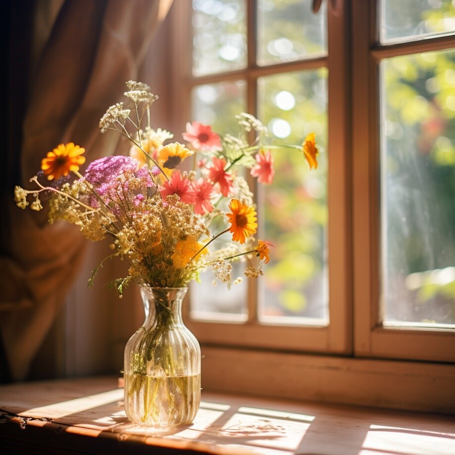 A vase of wildflowers stands on a table by the window, Lens flare burst 