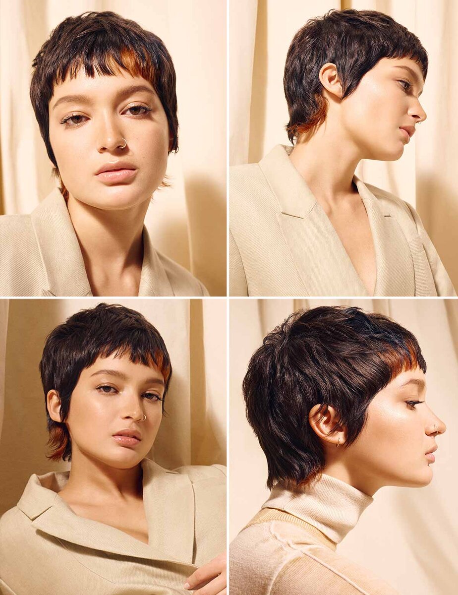 Гладкий образ с короткой многослойной стрижкой и ровной челкой – парикмахер: Framesi