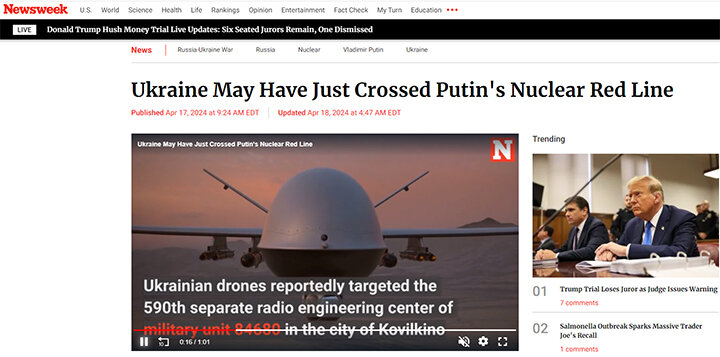 "УКРАИНА ЗАШЛА ЗА ЯДЕРНЫЕ КРАСНЫЕ ЛИНИИ", СЧИТАЮТ АМЕРИКАНЦЫ. НО ВРЯД ЛИ БЕЗ ИХ УЧАСТИЯ. СКРИН С САЙТА NEWSWEEK.COM