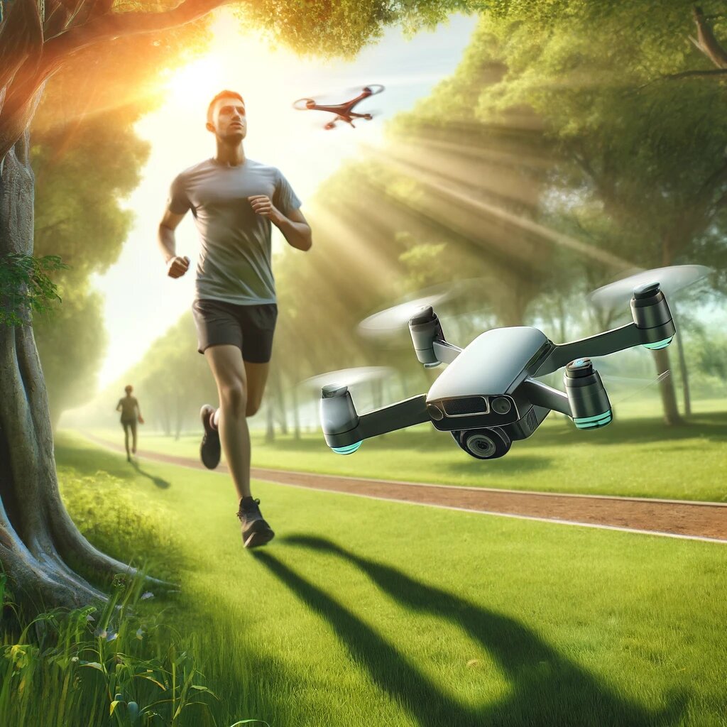 Человек, бегущий в парке с мини-дроном, который летает рядом для обеспечения личной безопасности. 