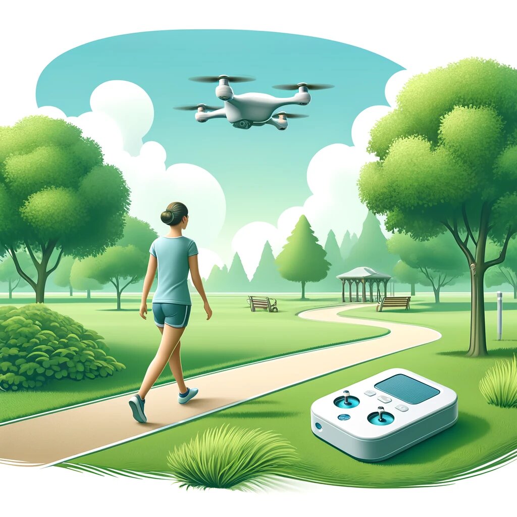 Человек наслаждается спокойной прогулкой, а мини-дрон обеспечивает его безопасность.