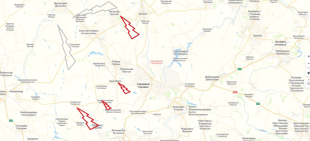 Красные молнии - настоящие атаки армии РФ, серые - наиболее возможные