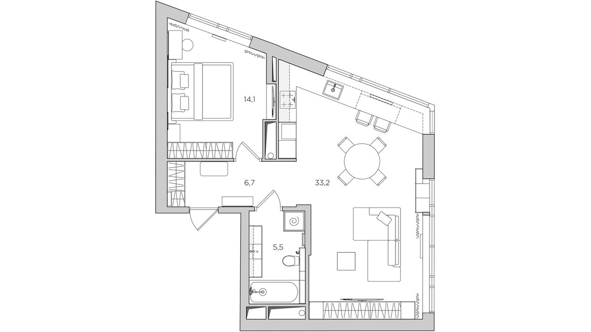 Перепланировка квартиры 55 м² с кухней-гостиной 