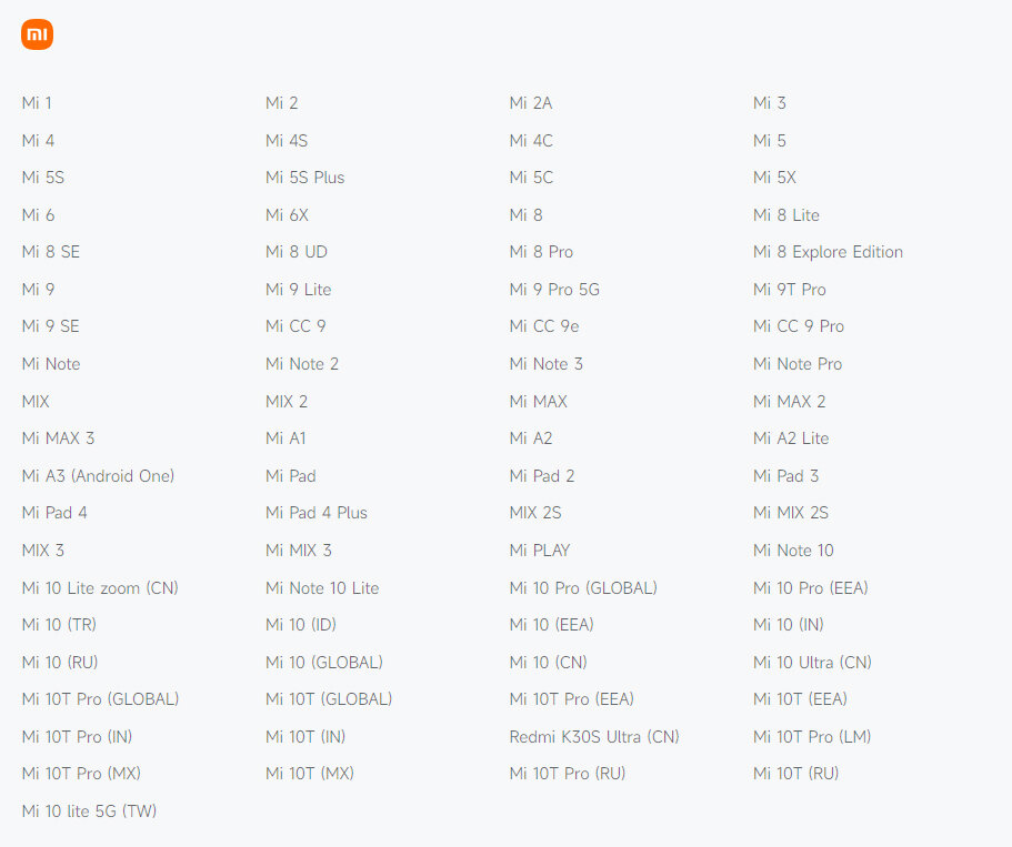 Устройства Xiaomi, поддержка которых прекращена