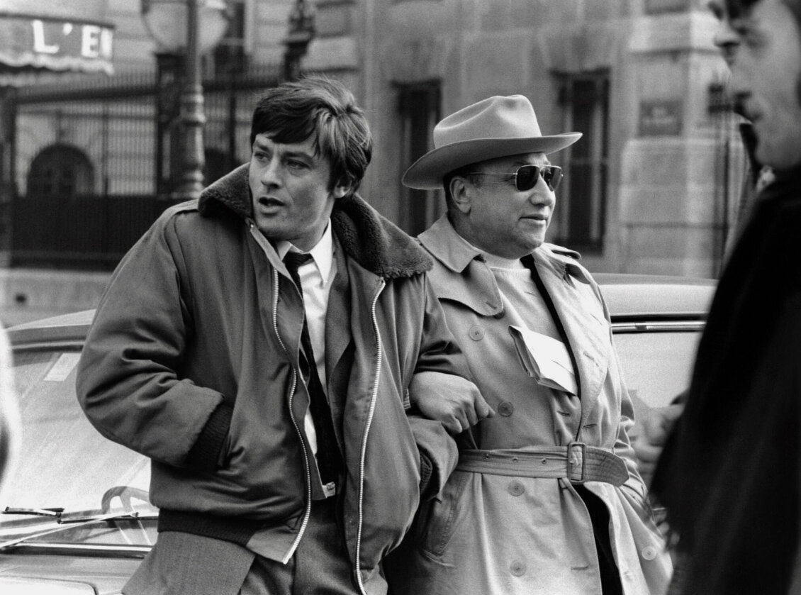 Жан-Пьер Мельвиль и Ален Делон на съемках фильма "Шпик" (1972)