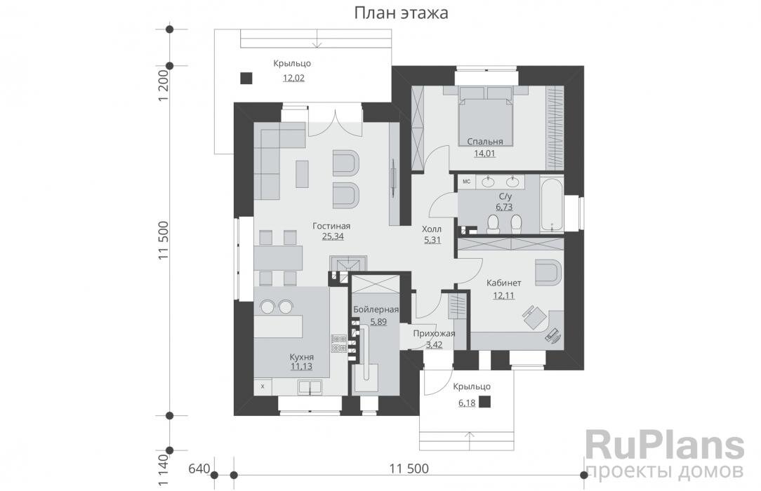 Прихожая - 3,42 м2Холл - 5,31 м2Кабинет - 12,11 м2Бойлерная - 5,89 м2С/у - 6,73 м2Кухня -11,13 м2Гостиная - 25,34 м2Спальня - 14,01 м2 