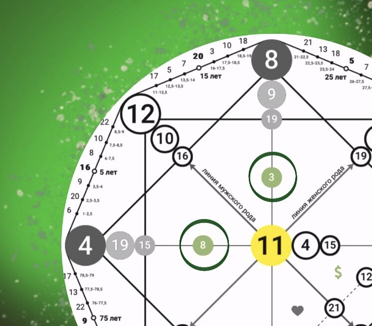 рассчитываем нашу матрицу и смотрим в зоны, которые обведены зеленым, тут и находится сердечная чакра ⤴️
