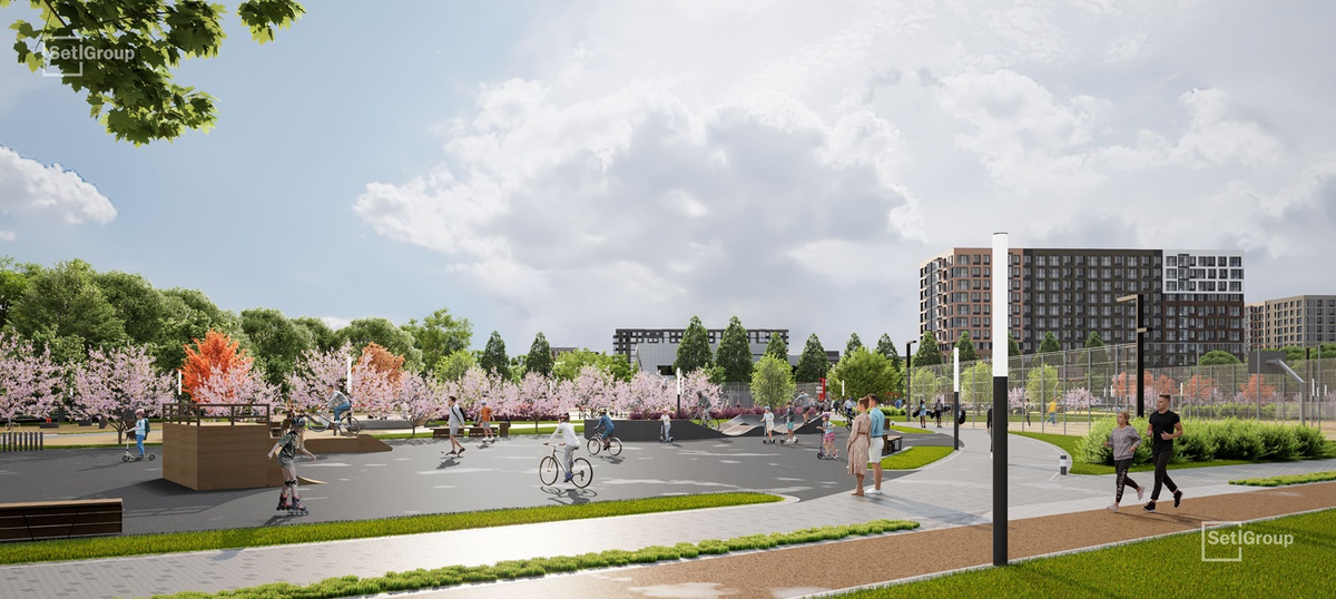 Фото: ООО «Сэтл Групп». «Город спорта» расположится возле второго корпуса ЖК, со стороны пр. Обуховской Обороны.