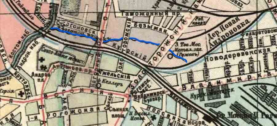 Ручей на дореволюционной карте Москвы, выделила ярко-синим