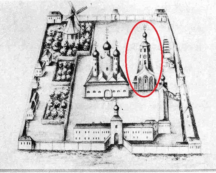 Рис. 2. Вид Антониева монастыря. Аксонометрия. Литография. 1730-е гг. Антониевский столп выделен красным контуром