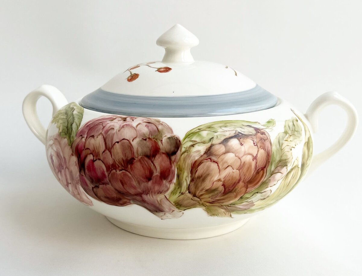 Супница, фарфор, авторская роспись, артишоки