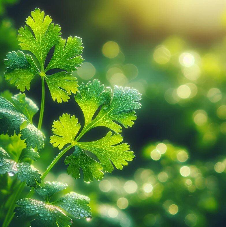 Кинза в утренней росе