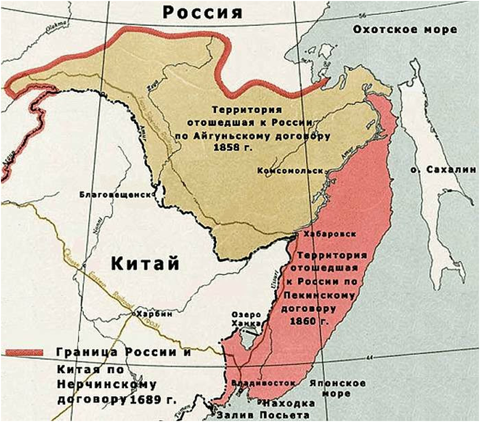 Границы между Россией и Китаем в 19 веке. Карта с сайта imghub.ru