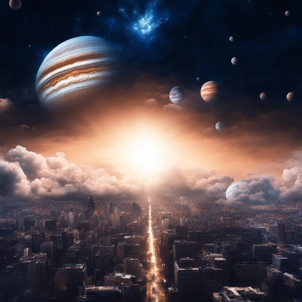 С 13 по 20 мая мы будем наблюдать благотворное и позитивное соединение Юпитера, Солнца, Венеры, Урана, Белой Луны.  Изображения созданы нейросетью Kandinsky 2.2