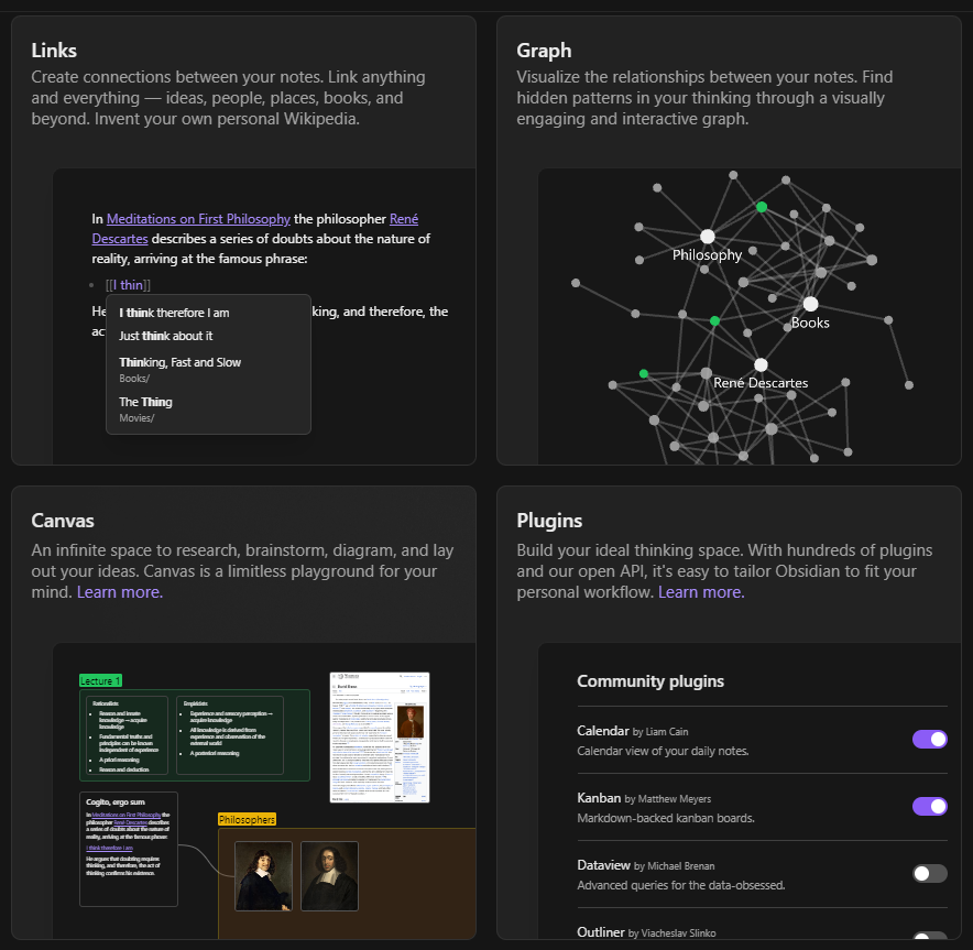 Краткое описание функционала Obsidian на сайте obsidian.md