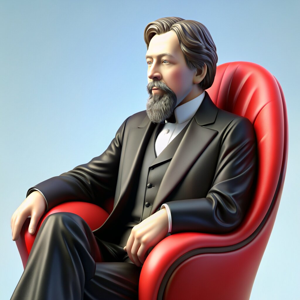 Антон Павлович Чехов, сидящий в кресле и размышляющий о своем представлении о женщине