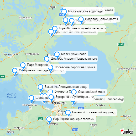 Список топ мест Ленобласти и Карелии на карте