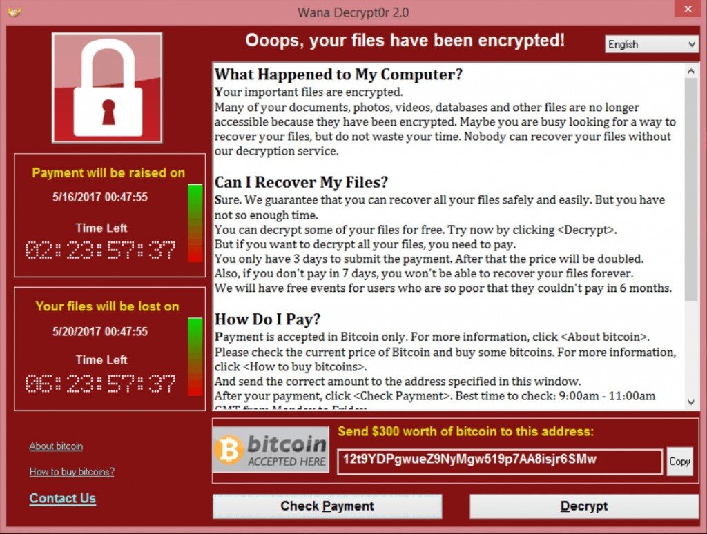 Меню вируса WannaCry