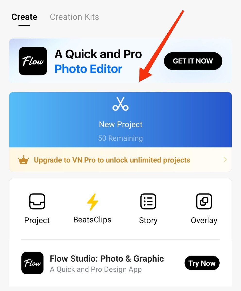 Открывается такой вот интерфейс, у меня два телефона, на каждом установлен VN, в одном интерфейс с русским языком, а на этом основном телефоне, почему то английский язык, я его не меняю на русский, мне без разницы, итак понятны все функции. Очевидно надо нажать на строку "New Project", то бишь новый проект