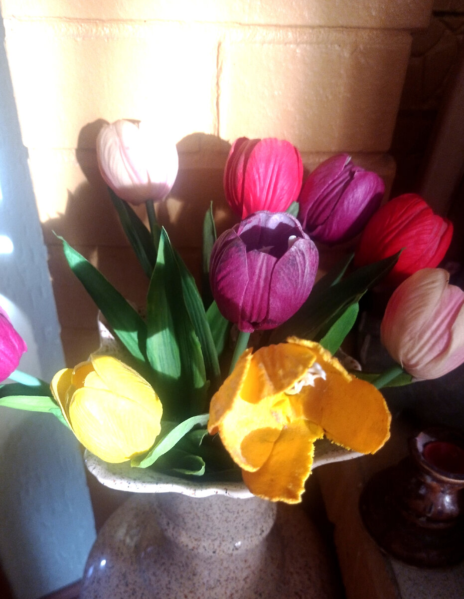 Первые лучи в нашем доме сегодня утром,а тюльпаны из силикона,но как настоящие