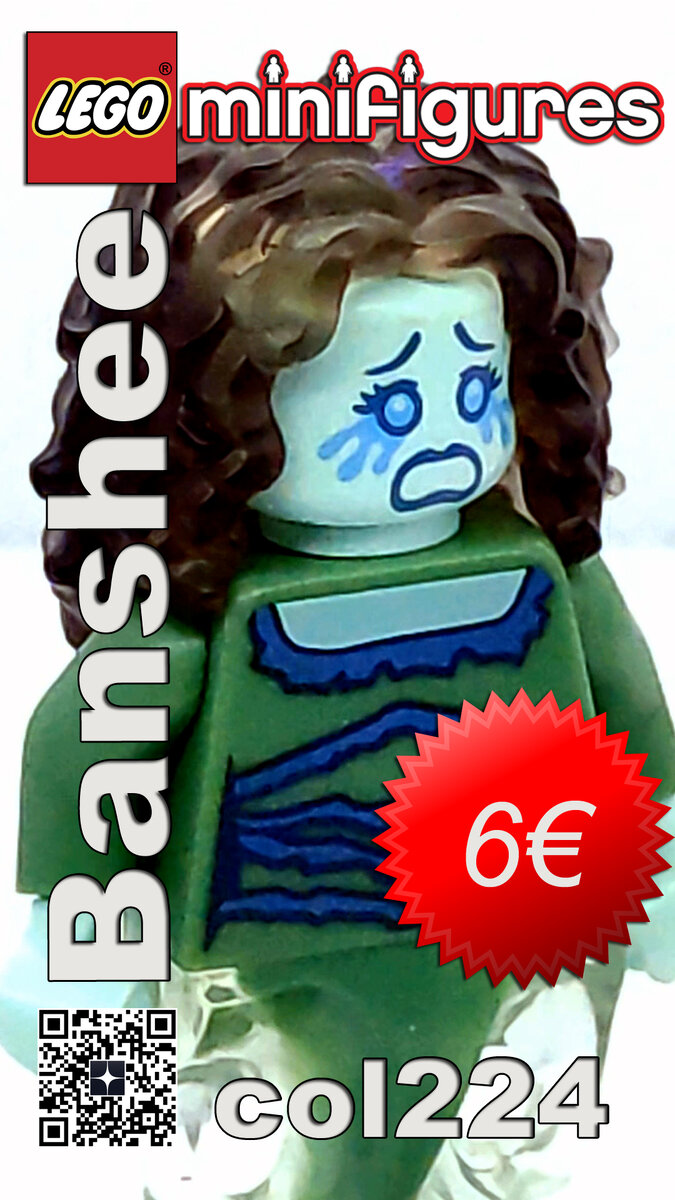 Banshee col224
The LEGO Minifigure Series Banshee minifig was first introduced in 2015 in the set Banshee and is currently estimated to be valued around 6 € and an annual growth of about 6.5%. This minifigure has made appearances in two sets.