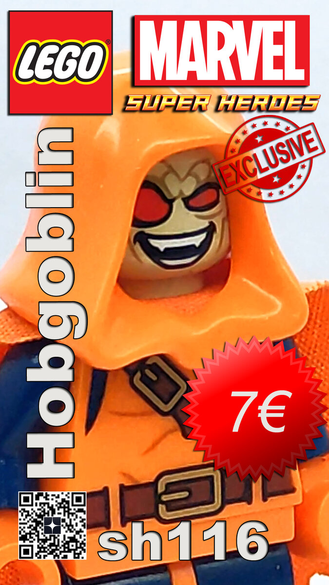 Hobgoblin sh268 The minifigure is exclusive to the LEGO Spider-Man Ghost Rider Team-Up set.
The LEGO Marvel Super Heroes Hobgoblin minifig was first introduced in 2016 in the set 76058 Spider-Man Ghost Rider Team-Up and is currently estimated to be valued around 7 € and an annual growth of about 13.8%.