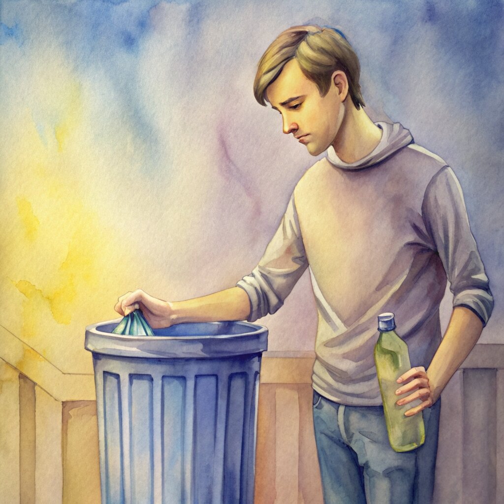 Молодой человек, бросающий бутылку в мусорное ведро, символизирующий уроки, которые мы учимся в молодости, и необходимость избавляться от старых привычек и взглядов