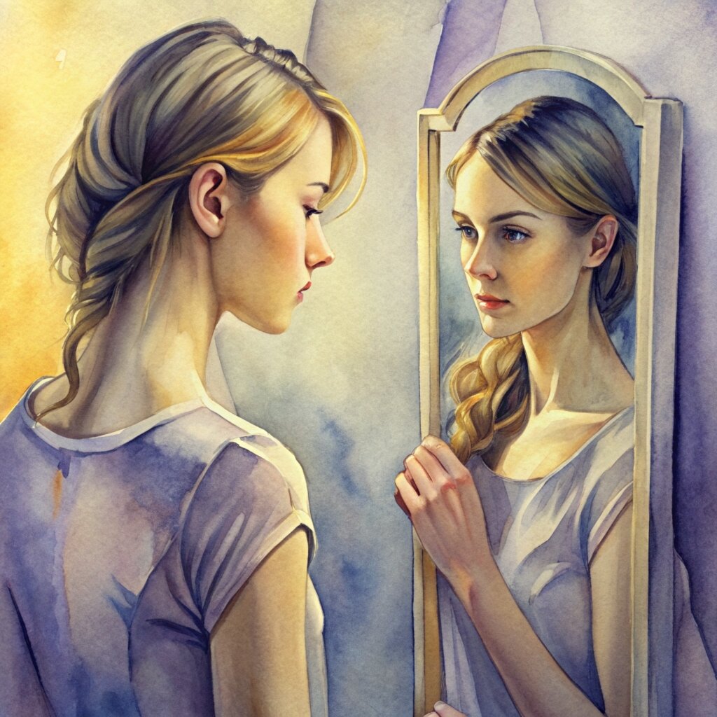 Молодая женщина, смотрящая в зеркало и недовольная своим отражением, символизирующая неуверенность и самосомнение