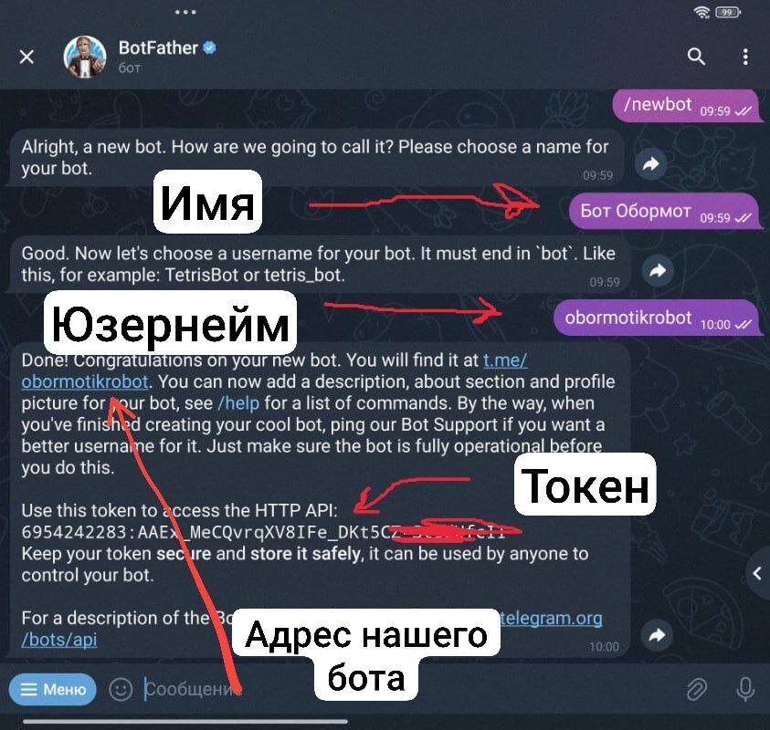 Данные после создания бота в Телеграм
