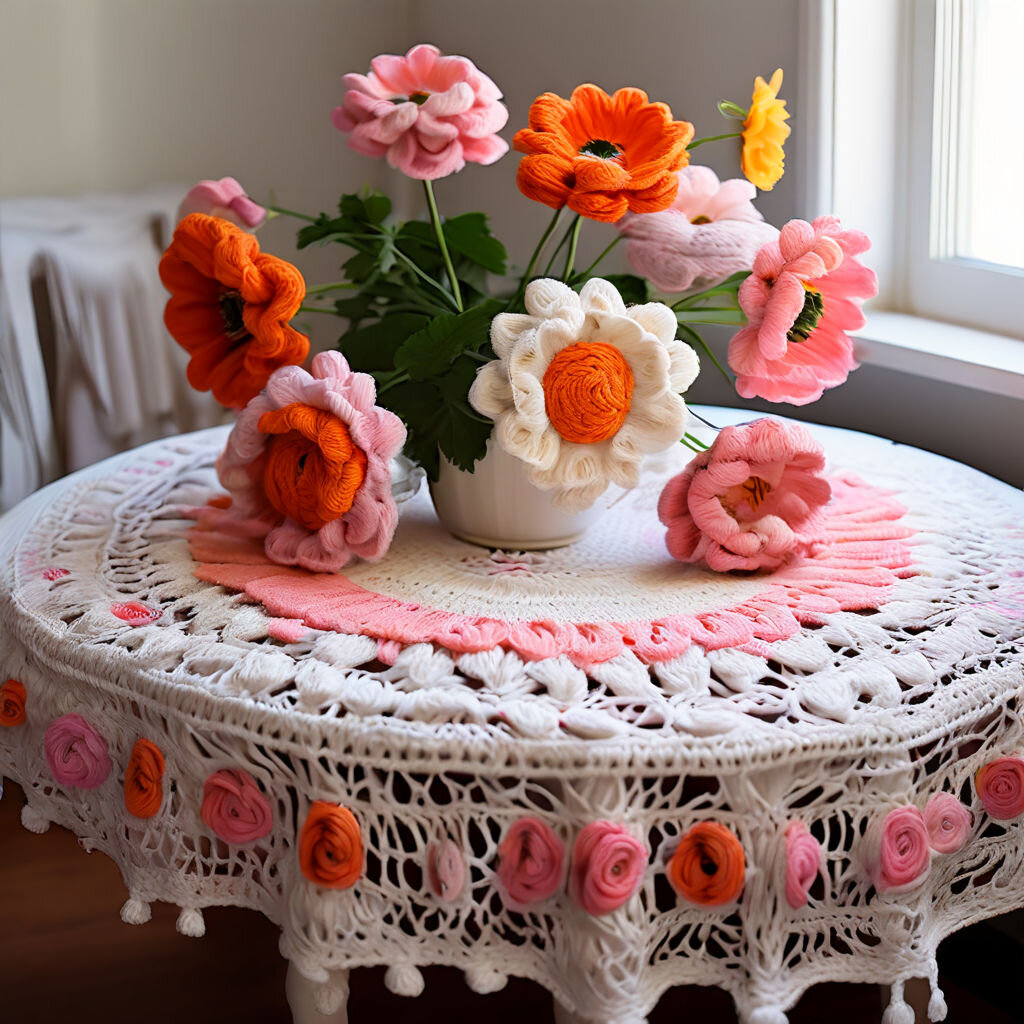 Вязаная скатерть и цветы. Автор: нейросеть