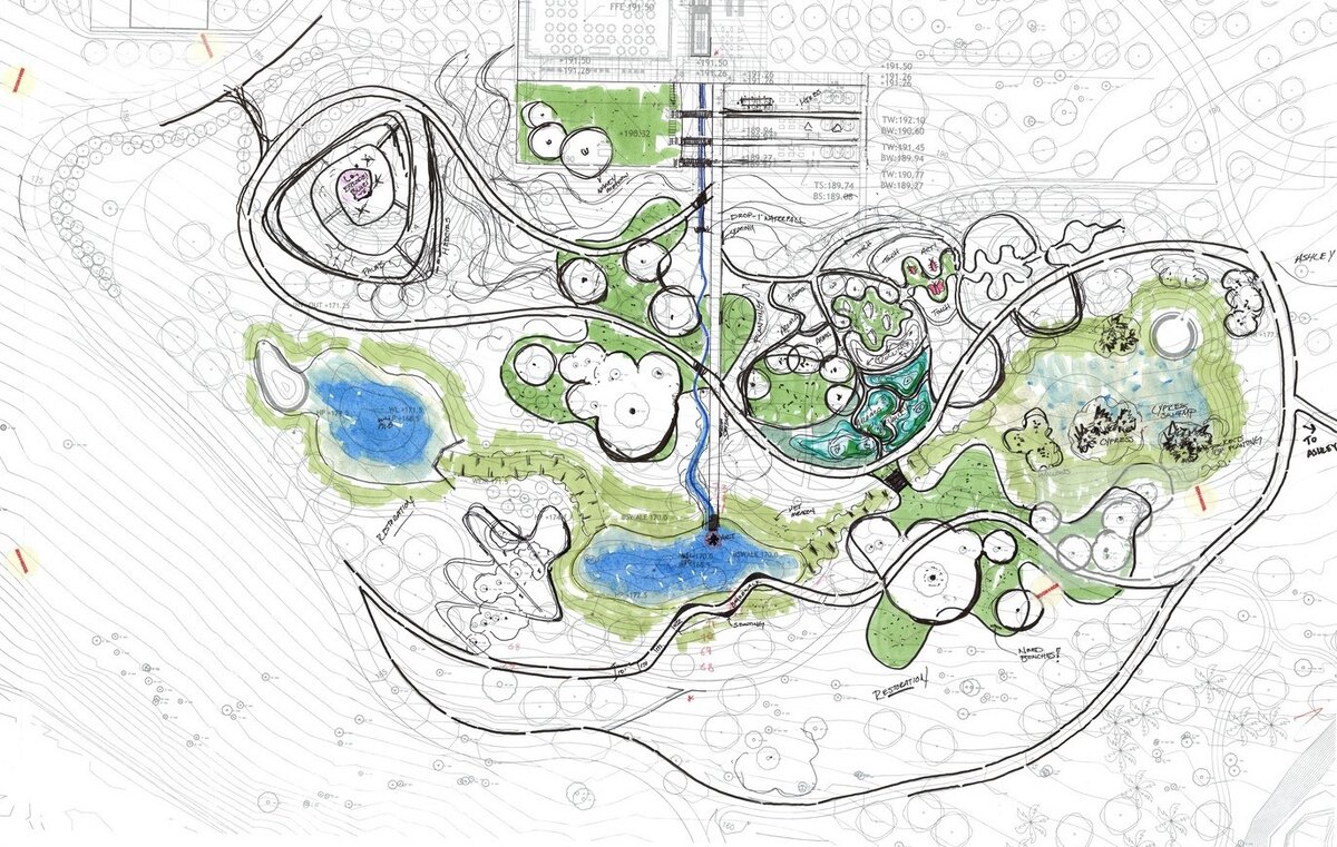 Sketch of Bonnet Springs Park / Sasaki. Image © Sasaki 
