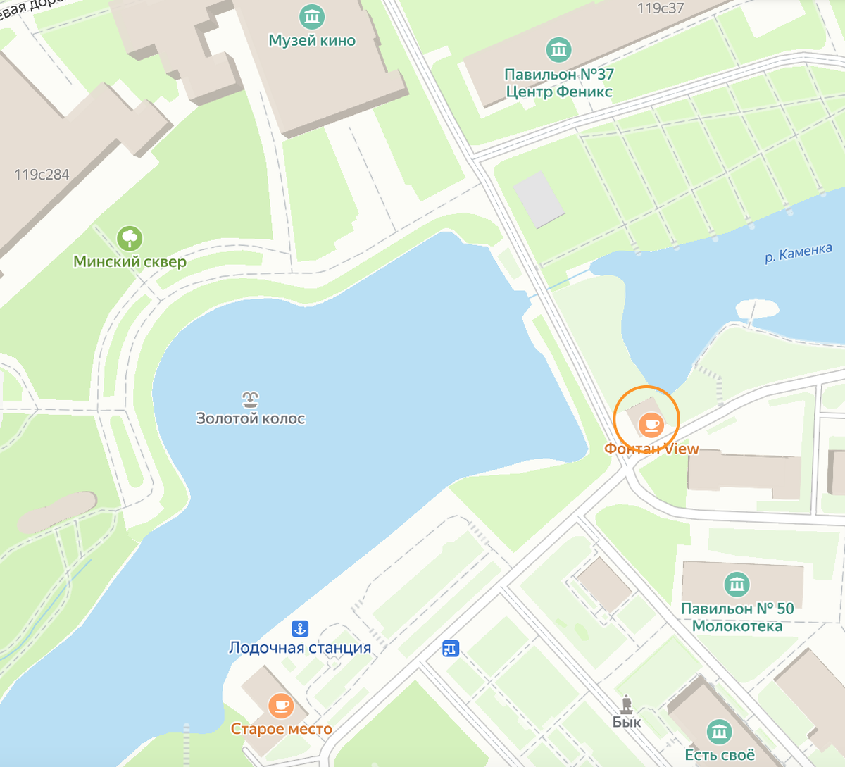 Расположение здания на карте современной Москвы в оранжевом кружочке. Яндекс.Карты.