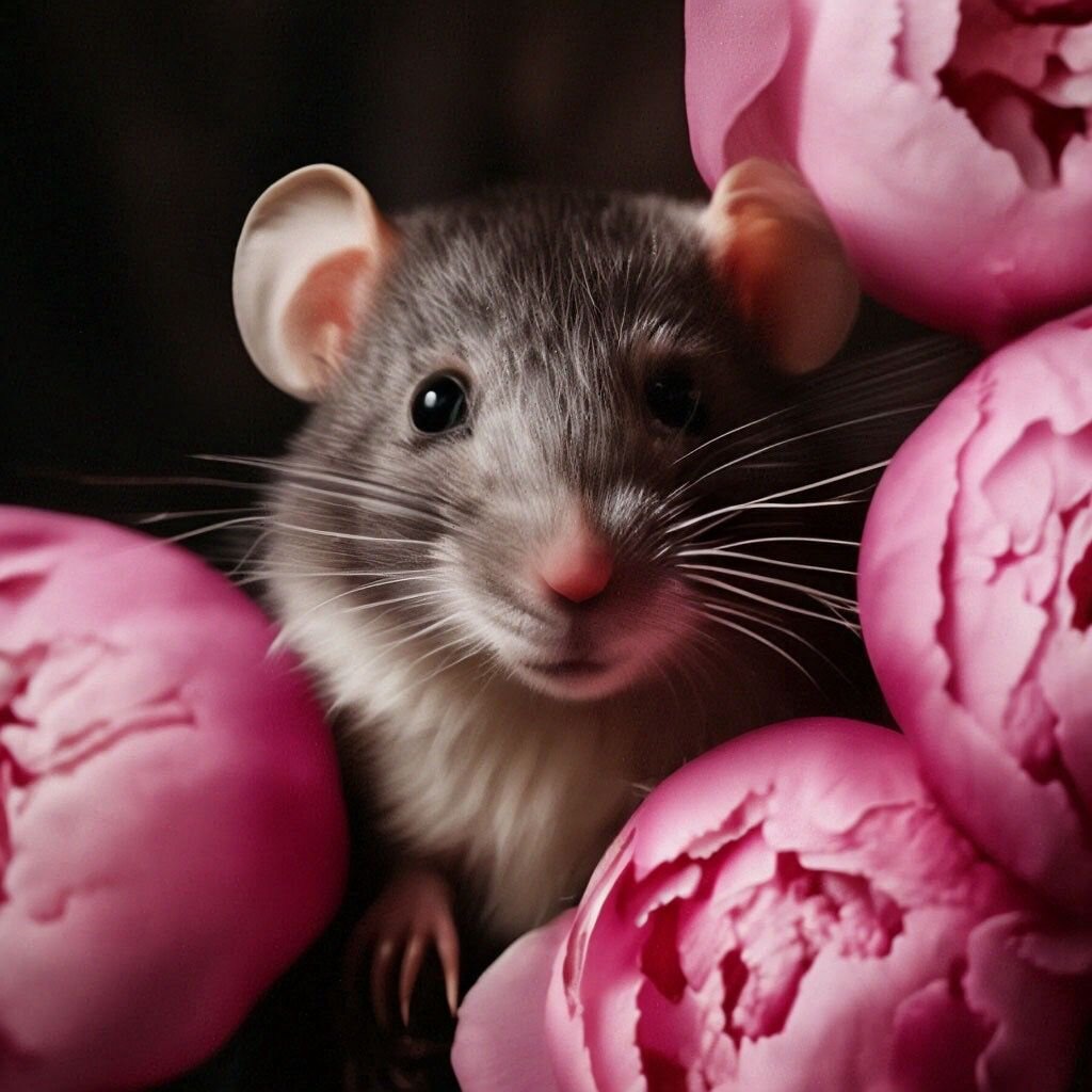 Красавица-крыса в пионах