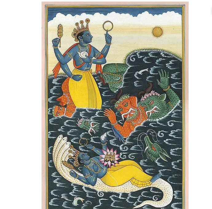 Вишну убивает демонов Мадху и Каитабху. Изображение: exoticindiaart.com