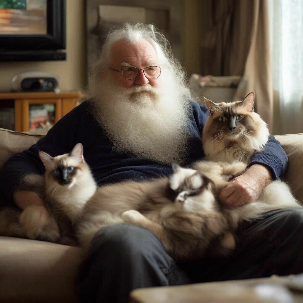 Дед Борода смотрит с котами телевизор. © Андрей Морозов (Дьяк) 