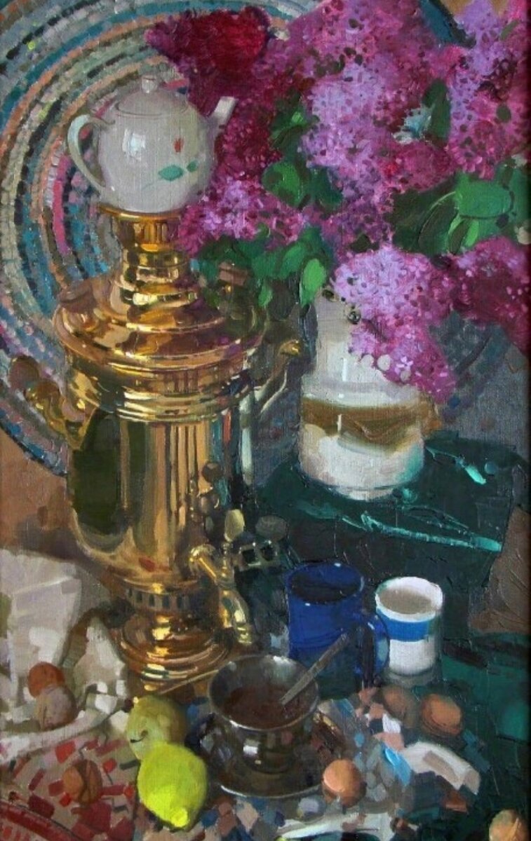 Натюрморт с самоваром и сиренью. Картины художника Евгения Кострюкова.