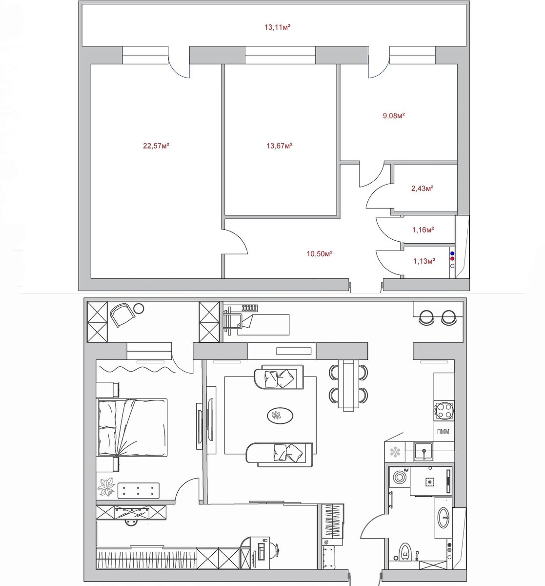 ДО/ПОСЛЕ. Планировка для семейной пары. Разделена лоджия, объединена кухня с гостиной, за счет коридора выделили рабочий кабинет и роскошную гардеробную с туалетным столиком.