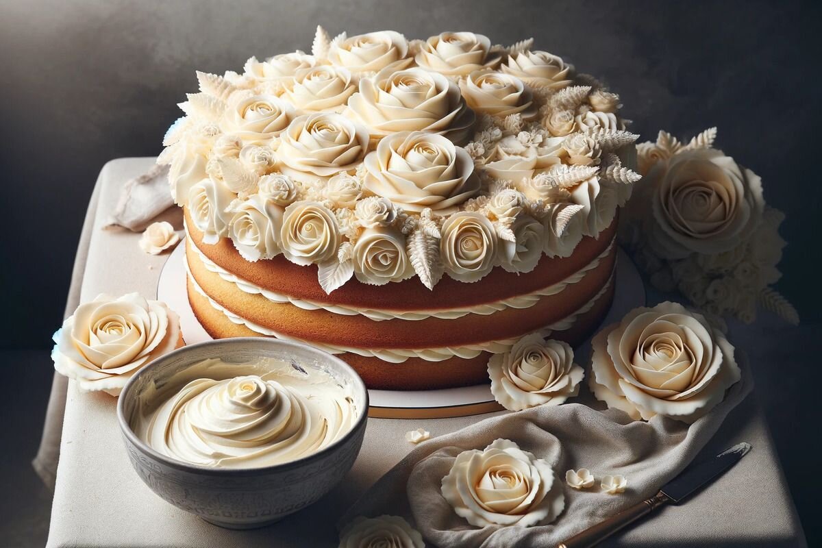 Из плотного масляного крема хорошо получаются сложные украшения для торта. Источник: нейросеть📷
