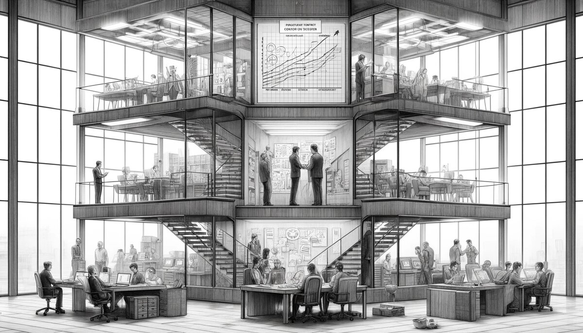 На стратегичеcком уровне выделяется стратегическое управление, на тактическом — управление портфелями и программами проектов, на оперативном — управление проектами и процессами и на операционном уровне — операционное управление.