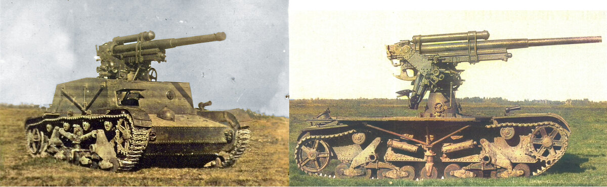 Зенитная самоходная установка СУ-6 в походном и боевом (справа) положениях. В качестве базового шасси использовался легкий танк Т-26