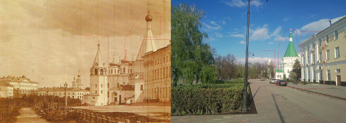 Раньше и сейчас. Нижегородский кремль. Общие элементы обведены красным для лучшего ориентирования. Листайте вправо, там каждое фото описано подробнее