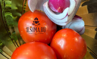 Для  приготовления салата нам потребуются спелые, мясистые помидоры, в  идеале сорт бычьи сердца. Лук репчатый или красный крымский. Зелень:  петрушка, укроп, кинза. Соль, перец, растительное масло пахнущее.