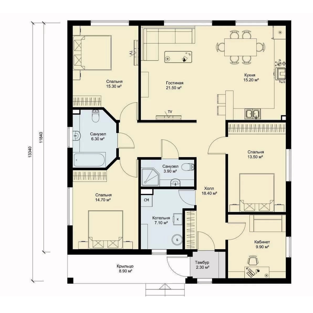 Майя - одноэтажный каркасный дом на четыре спальни 9х16 House plans, House const