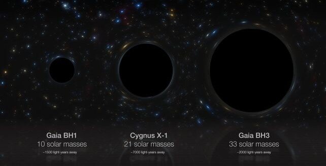 Справа Gaia BH3, в сравнении с другими черными дырами.