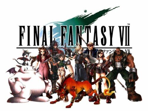 Логотип Final Fantasy VII и его главные персонажи