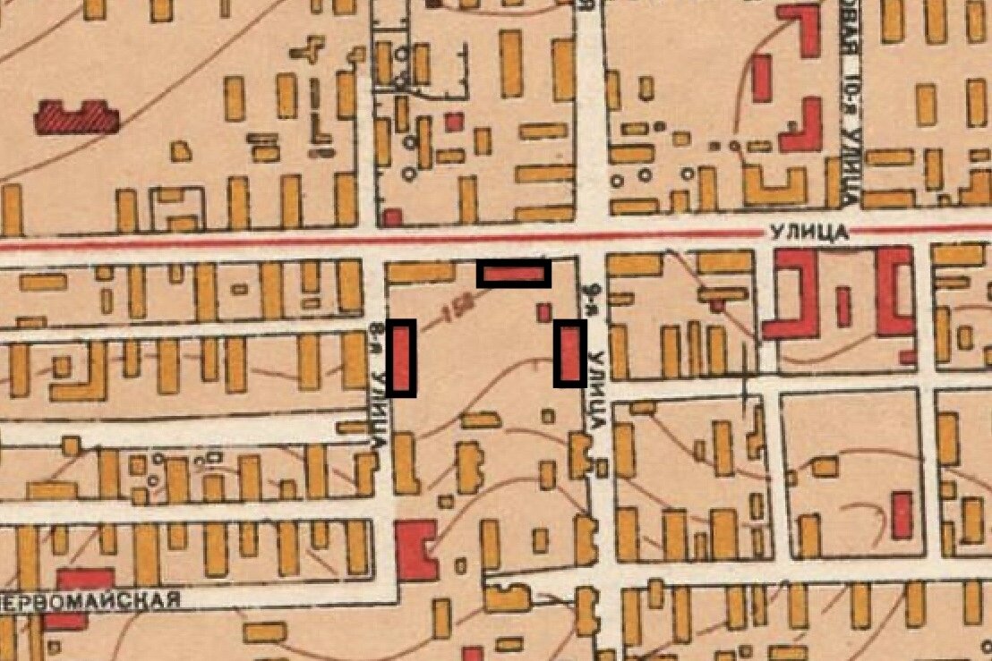 Три жилых дома завода "Аремз №1" (выделены черным) на карте Москвы 1952 г.