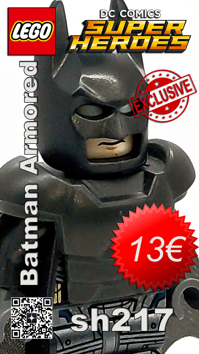 Batman Armored sh217 Batman - Armored. This version of the minifigure is exclusive to the LEGO Clash of the Heroes set.
The LEGO DC Comics Super Heroes Batman Armored minifig was first introduced in 2016 in the set 76044 Clash of the Heroes and is currently estimated to be valued around 13 € and an annual growth of about 6.0%.