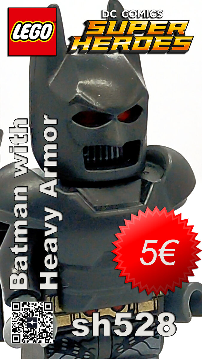 Batman with Heavy Armor sh528 Batman, Heavy Armor
The LEGO DC Comics Super Heroes Batman with Heavy Armor minifig was first introduced in 2018 in the set 76110 Batman The Attack of the Talons and is currently estimated to be valued around 5 € and an annual growth of about 6.7%. This minifigure has made appearances in two sets.